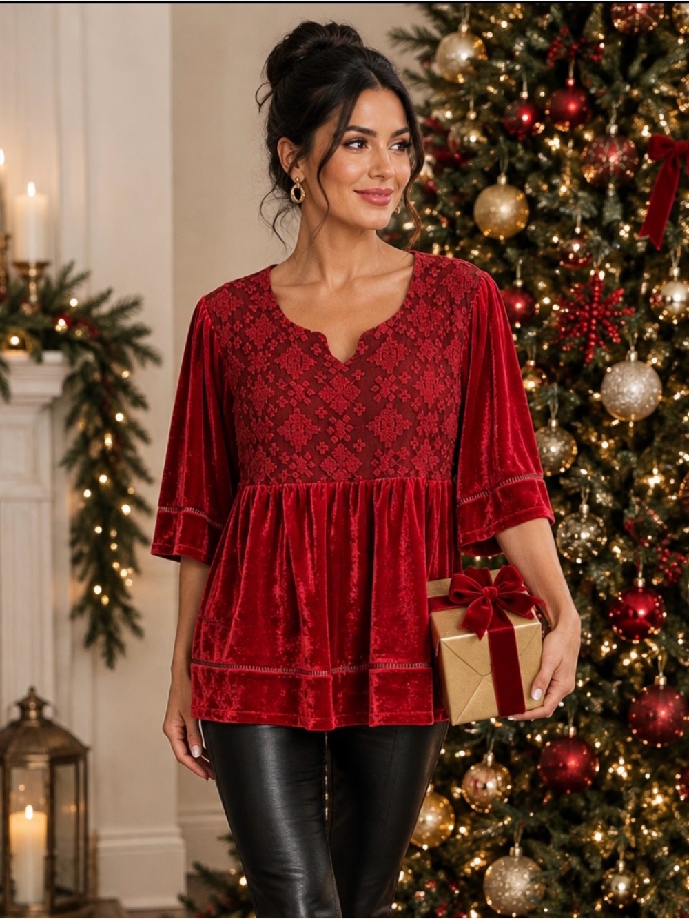 NWT Boho Red Velvet Lace Yoke Tunic Top Size Lg Whimsigoth Holiday Romantic Goth
